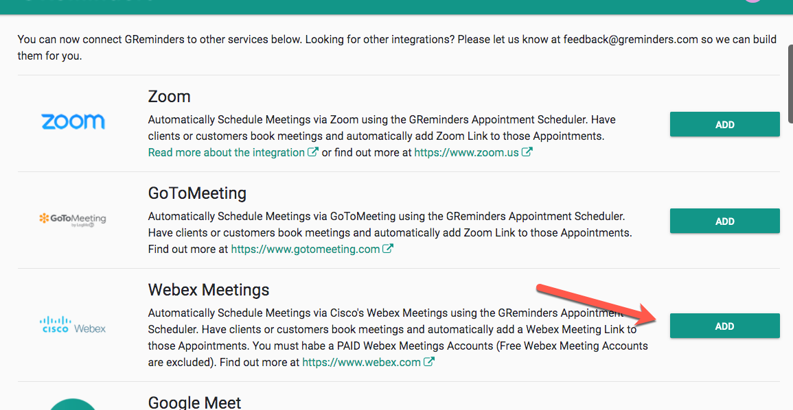 Cisco Webex Meetings Scheduler SMS / Text Reminders for Google and